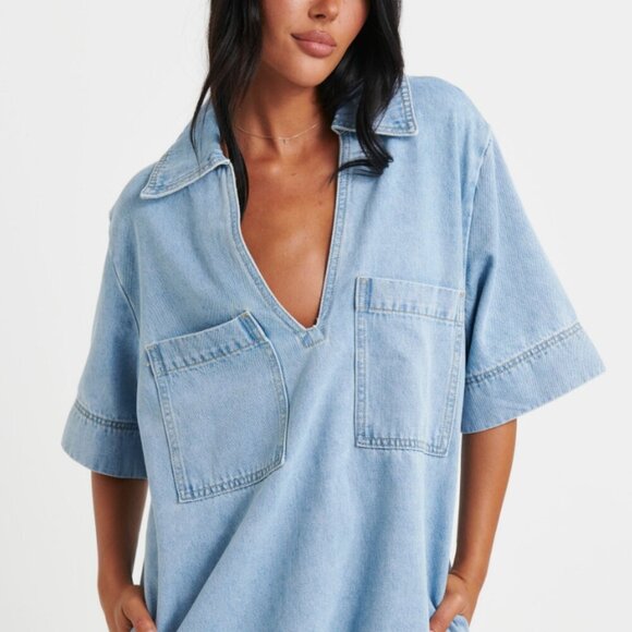 Bronze Snake Rhythm Mini Denim Dress Sky Blue NWOT - Picture 4 of 4